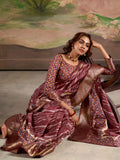 Deep Wine Malai Silk Printed Saree With Zari Floral Border And Blouse Piece