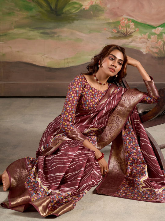 Deep Wine Malai Silk Printed Saree With Zari Floral Border And Blouse Piece
