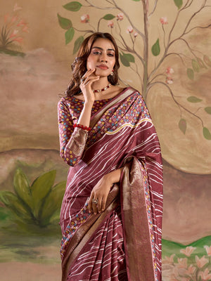 Deep Wine Malai Silk Printed Saree With Zari Floral Border And Blouse Piece