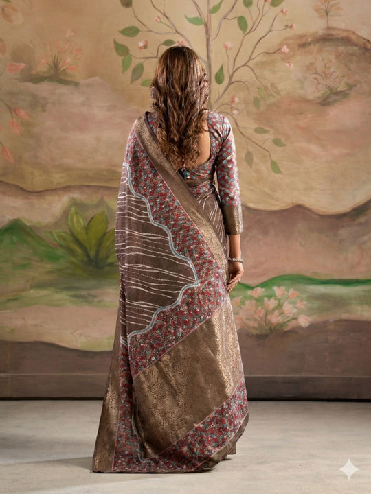 Brown Malai Silk Printed Saree With Zari Floral Border And Blouse Piece