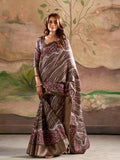 Brown Malai Silk Printed Saree With Zari Floral Border And Blouse Piece