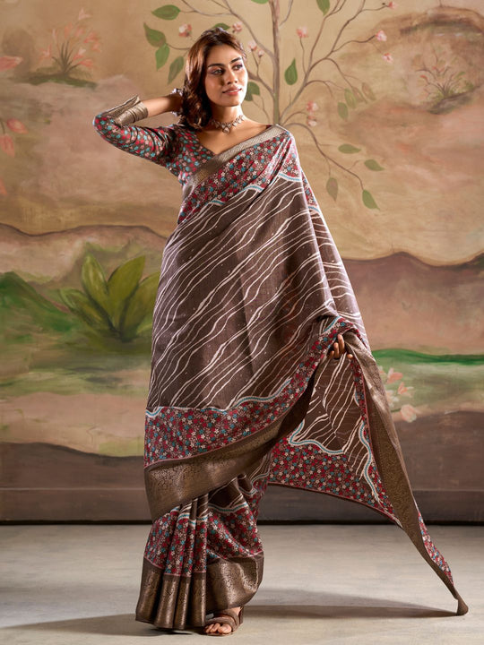 Brown Malai Silk Printed Saree With Zari Floral Border And Blouse Piece