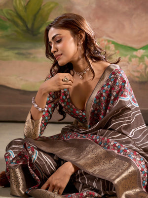 Brown Malai Silk Printed Saree With Zari Floral Border And Blouse Piece