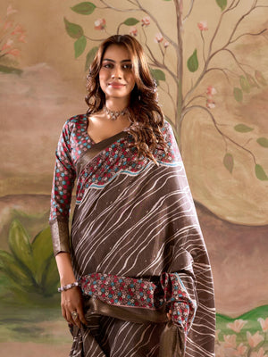 Brown Malai Silk Printed Saree With Zari Floral Border And Blouse Piece
