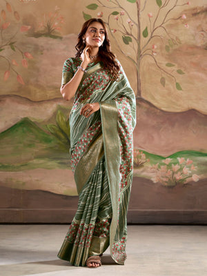 Green Malai Silk Printed Saree With Zari Floral Border And Blouse Piece