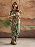 Green Malai Silk Printed Saree With Zari Floral Border And Blouse Piece