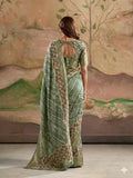 Green Malai Silk Printed Saree With Zari Floral Border And Blouse Piece