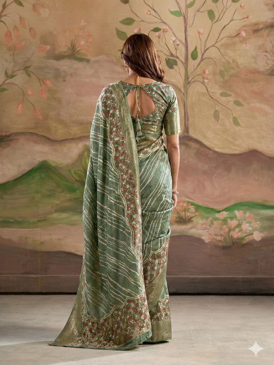 Green Malai Silk Printed Saree With Zari Floral Border And Blouse Piece