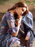Blue Malai Silk Printed Saree With Zari Floral Border And Blouse Piece