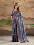 Blue Malai Silk Printed Saree With Zari Floral Border And Blouse Piece