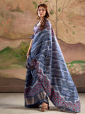 Blue Malai Silk Printed Saree With Zari Floral Border And Blouse Piece