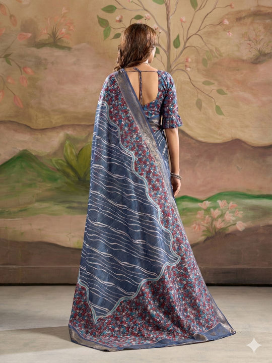 Blue Malai Silk Printed Saree With Zari Floral Border And Blouse Piece