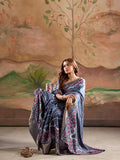 Blue Malai Silk Printed Saree With Zari Floral Border And Blouse Piece