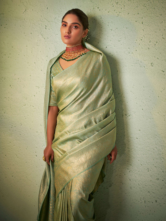 Light Green Kanjivaram Art Silk Saree With Blouse Piece