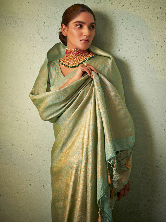 Light Green Kanjivaram Art Silk Saree With Blouse Piece