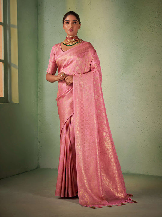 Light Pink Kanjivaram Art Silk Saree With Blouse Piece