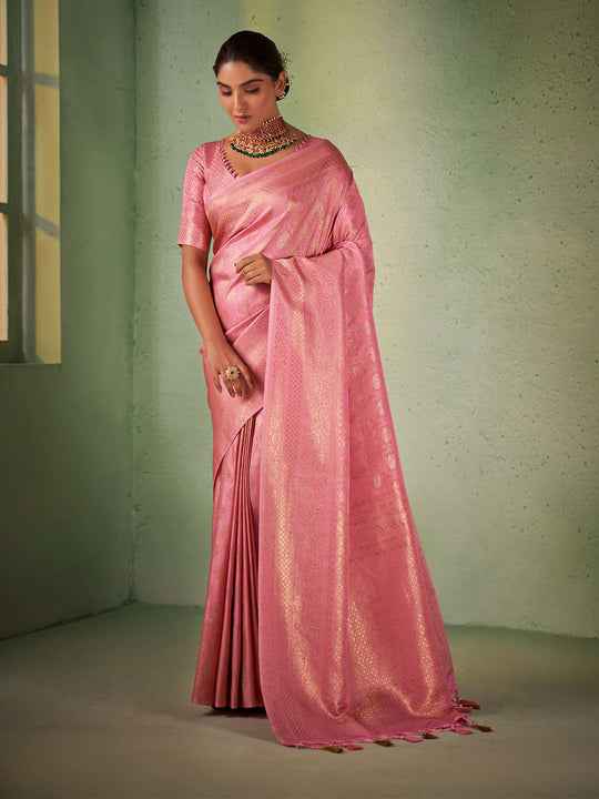 Light Pink Kanjivaram Art Silk Saree With Blouse Piece