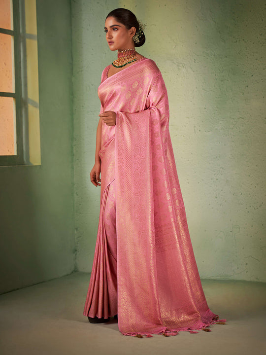 Light Pink Kanjivaram Art Silk Saree With Blouse Piece