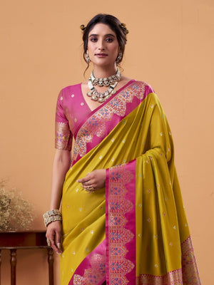 Mustard Yellow Soft Satin Silk Weaving Border With Gold Zari Silk Saree With Blouse Piece