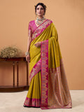 Mustard Yellow Soft Satin Silk Weaving Border With Gold Zari Silk Saree With Blouse Piece