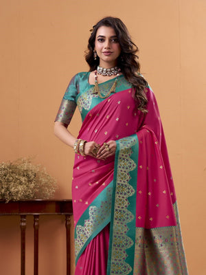 Rani Pink Soft Satin Silk Weaving Border With Gold Zari Silk Saree With Blouse Piece