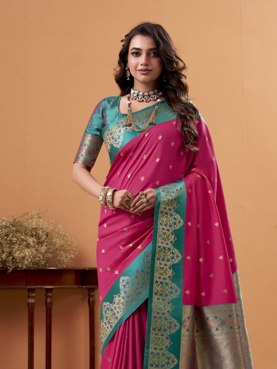 Rani Pink Soft Satin Silk Weaving Border With Gold Zari Silk Saree With Blouse Piece