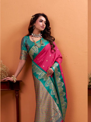 Rani Pink Soft Satin Silk Weaving Border With Gold Zari Silk Saree With Blouse Piece