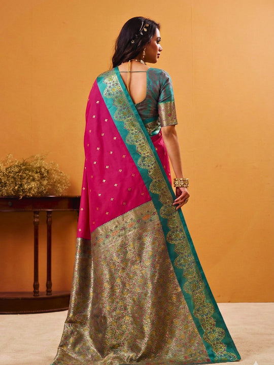 Rani Pink Soft Satin Silk Weaving Border With Gold Zari Silk Saree With Blouse Piece