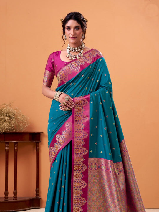 Blue Soft Satin Silk Weaving Border With Gold Zari Silk Saree With Blouse Piece