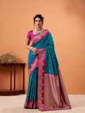 Blue Soft Satin Silk Weaving Border With Gold Zari Silk Saree With Blouse Piece
