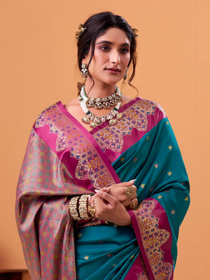 Blue Soft Satin Silk Weaving Border With Gold Zari Silk Saree With Blouse Piece