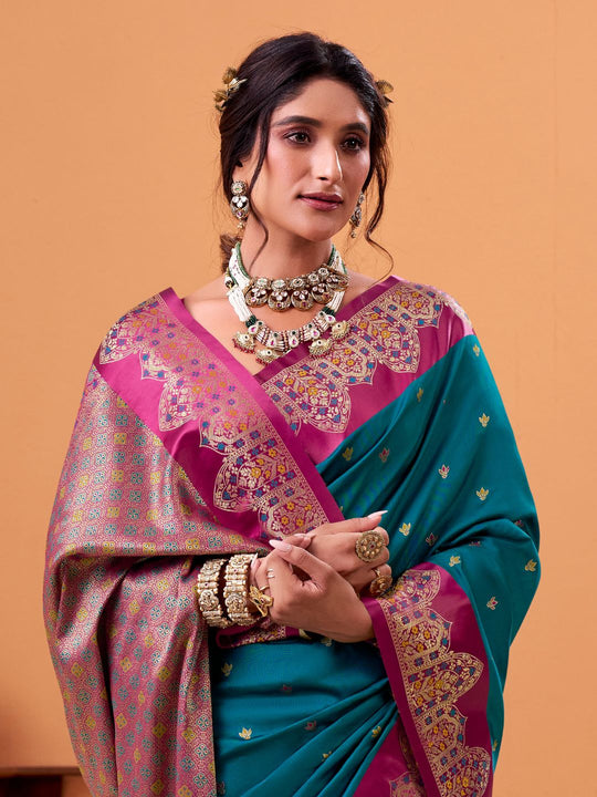 Blue Soft Satin Silk Weaving Border With Gold Zari Silk Saree With Blouse Piece