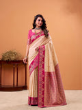 Cream Soft Satin Silk Weaving Border With Gold Zari Silk Saree With Blouse Piece