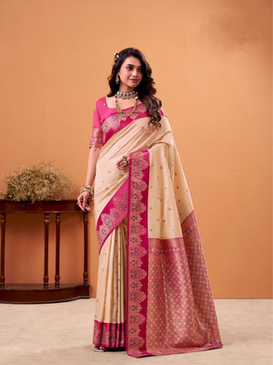 Cream Soft Satin Silk Weaving Border With Gold Zari Silk Saree With Blouse Piece