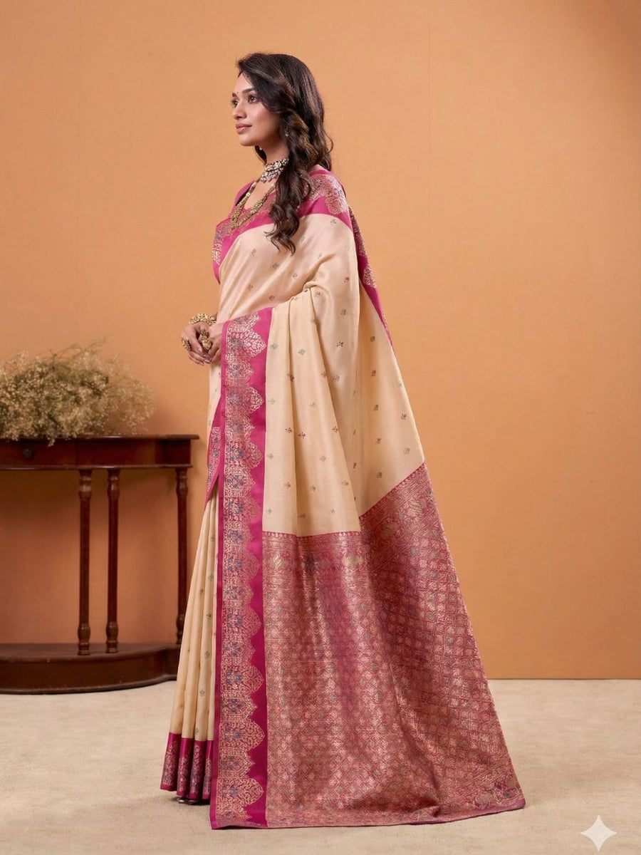 Buy Cream Soft Satin Silk Weaving Border With Gold Zari Silk Saree With ...