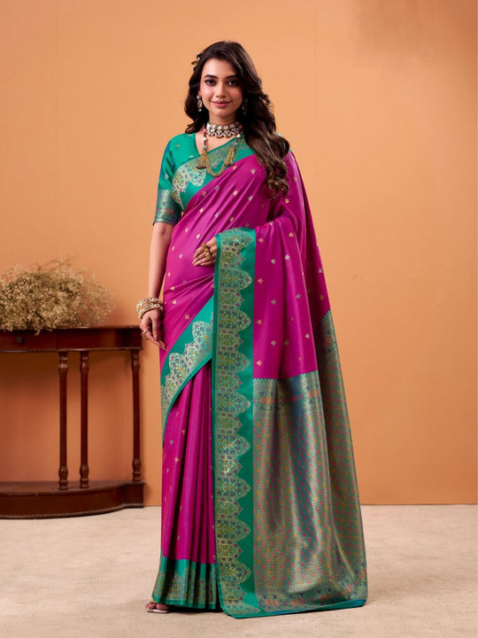 Magenta Soft Satin Silk Weaving Border With Gold Zari Silk Saree With Blouse Piece