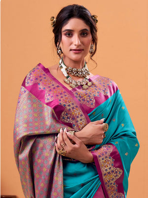 Sky Blue Soft Satin Silk Weaving Border With Gold Zari Silk Saree With Blouse Piece