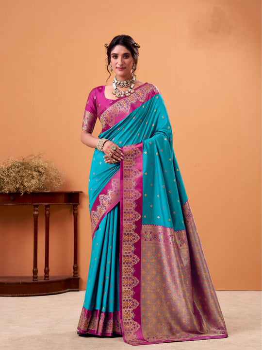 Sky Blue Soft Satin Silk Weaving Border With Gold Zari Silk Saree With Blouse Piece