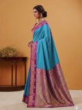 Sky Blue Soft Satin Silk Weaving Border With Gold Zari Silk Saree With Blouse Piece