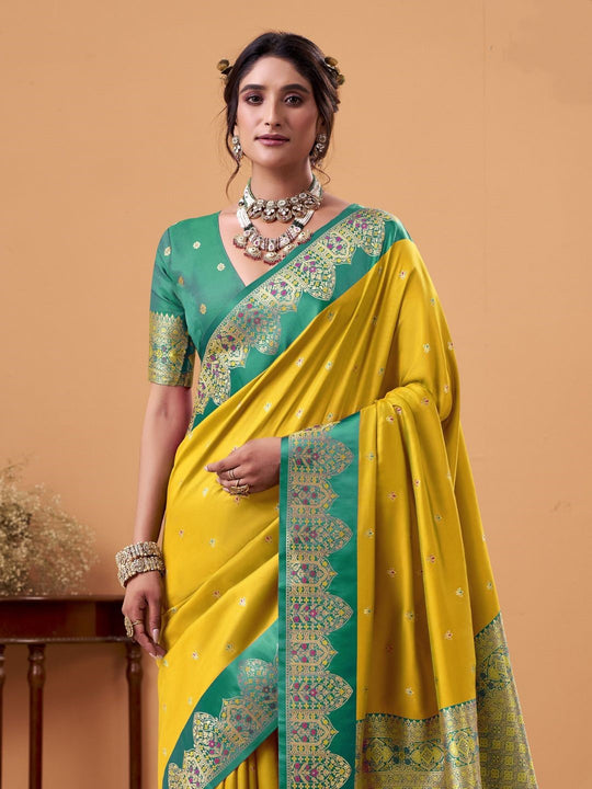 Yellow Soft Satin Silk Weaving Border With Gold Zari Silk Saree With Blouse Piece
