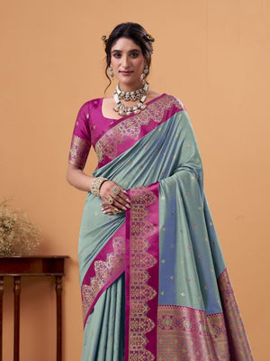 Turquoise Blue  Soft Satin Silk Weaving Border With Gold Zari Silk Saree With Blouse Piece