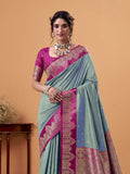 Turquoise Blue  Soft Satin Silk Weaving Border With Gold Zari Silk Saree With Blouse Piece