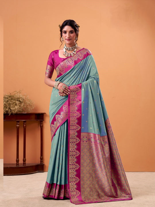 Turquoise Blue  Soft Satin Silk Weaving Border With Gold Zari Silk Saree With Blouse Piece