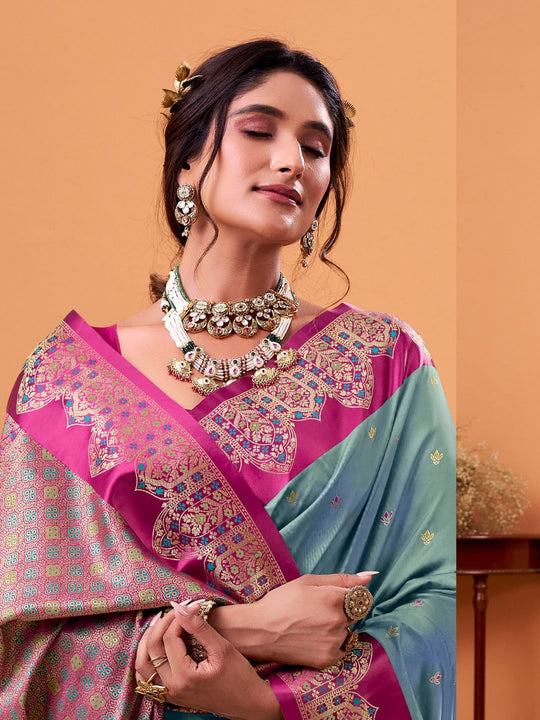 Turquoise Blue  Soft Satin Silk Weaving Border With Gold Zari Silk Saree With Blouse Piece