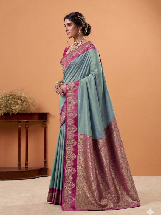 Turquoise Blue  Soft Satin Silk Weaving Border With Gold Zari Silk Saree With Blouse Piece