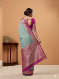 Turquoise Blue  Soft Satin Silk Weaving Border With Gold Zari Silk Saree With Blouse Piece