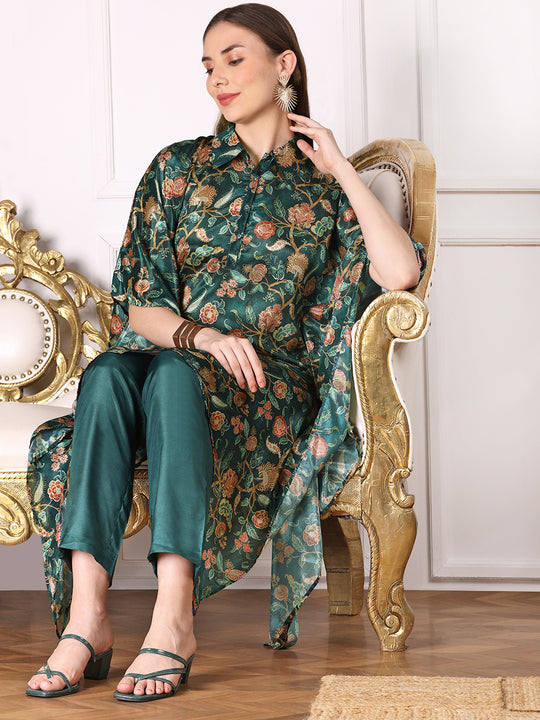 Green Floral Printed Asymmetric Kimono Sleeve Kaftan Kurta with Trousers