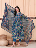 Floral Printed V-Neck Three-Quarter Sleeves Pure Cotton Kurta Set