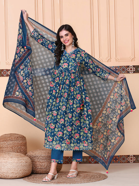 Floral Printed V-Neck Three-Quarter Sleeves Pure Cotton Kurta Set