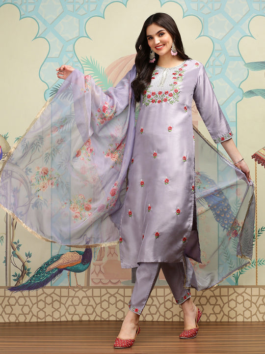 Floral Embroidered Thread Work Silk Chiffon Straight Kurta with Trousers & Dupatta